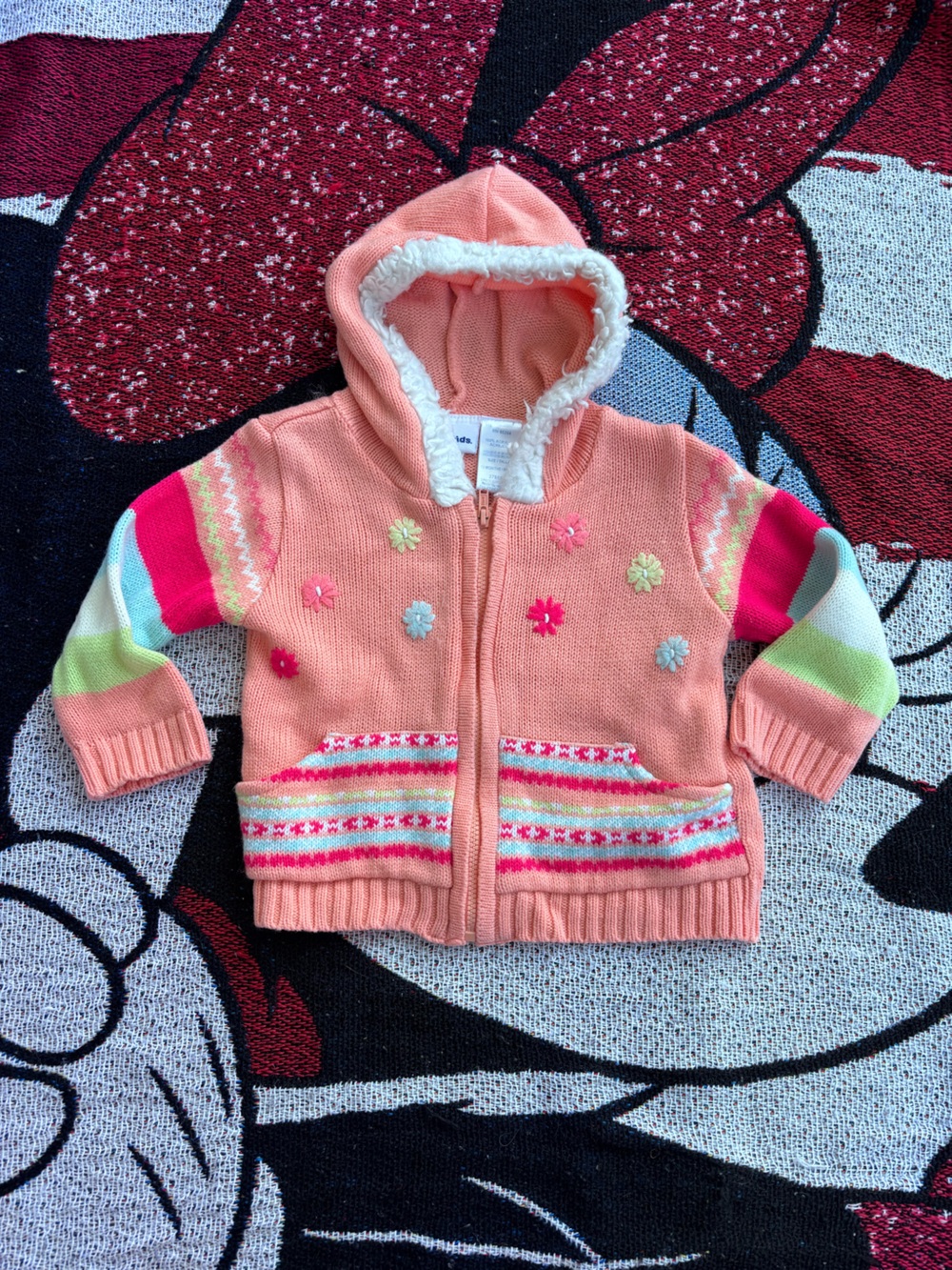 VTG Y2K BT KIDS CREAM ORANGE EMBROIDERED FLOWER FUR TRIM HOODIE SIZE 12 MONTHS